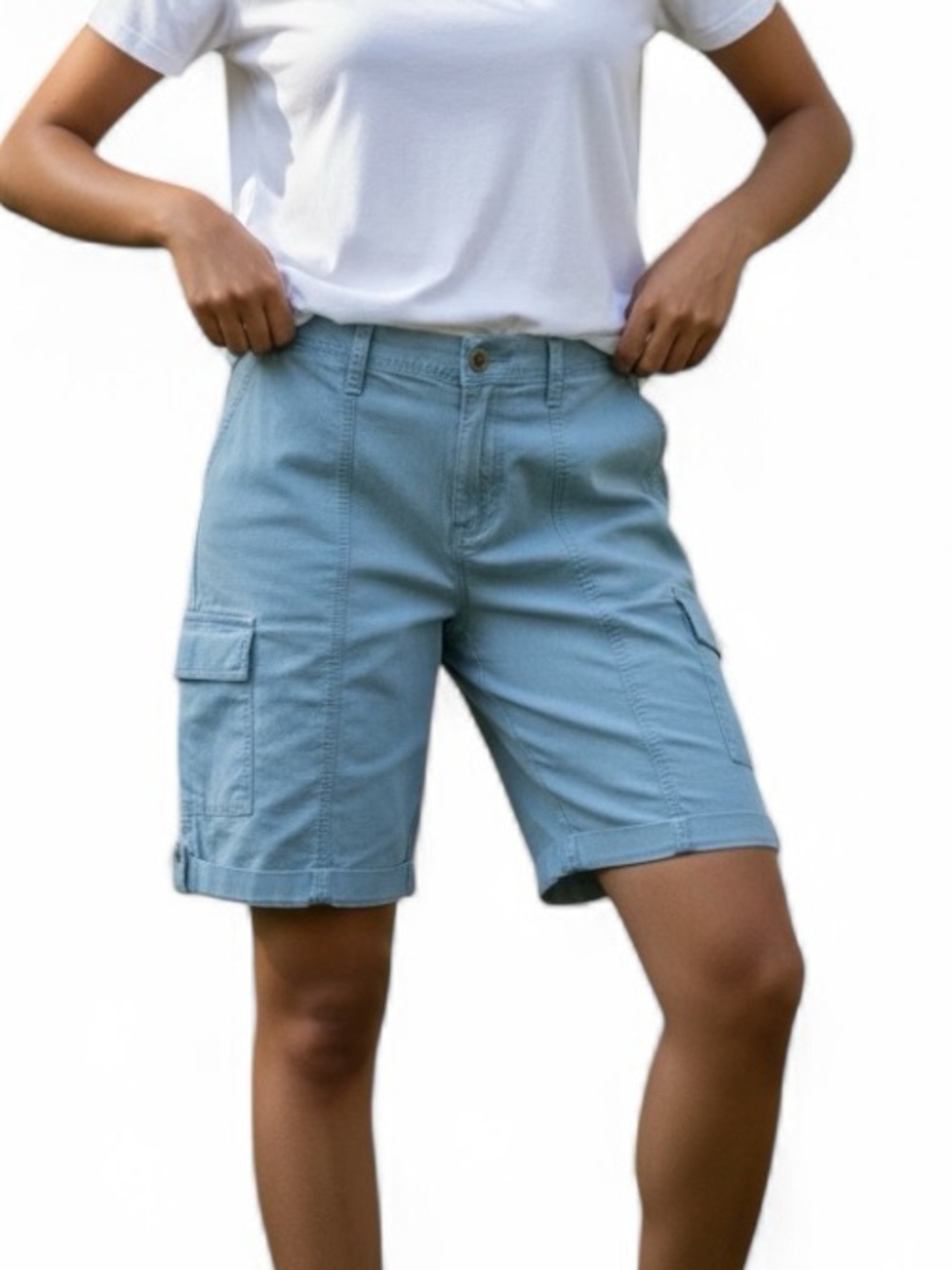 Chico's Light Blue Cargo Bermuda Shorts with Rolled Hem
